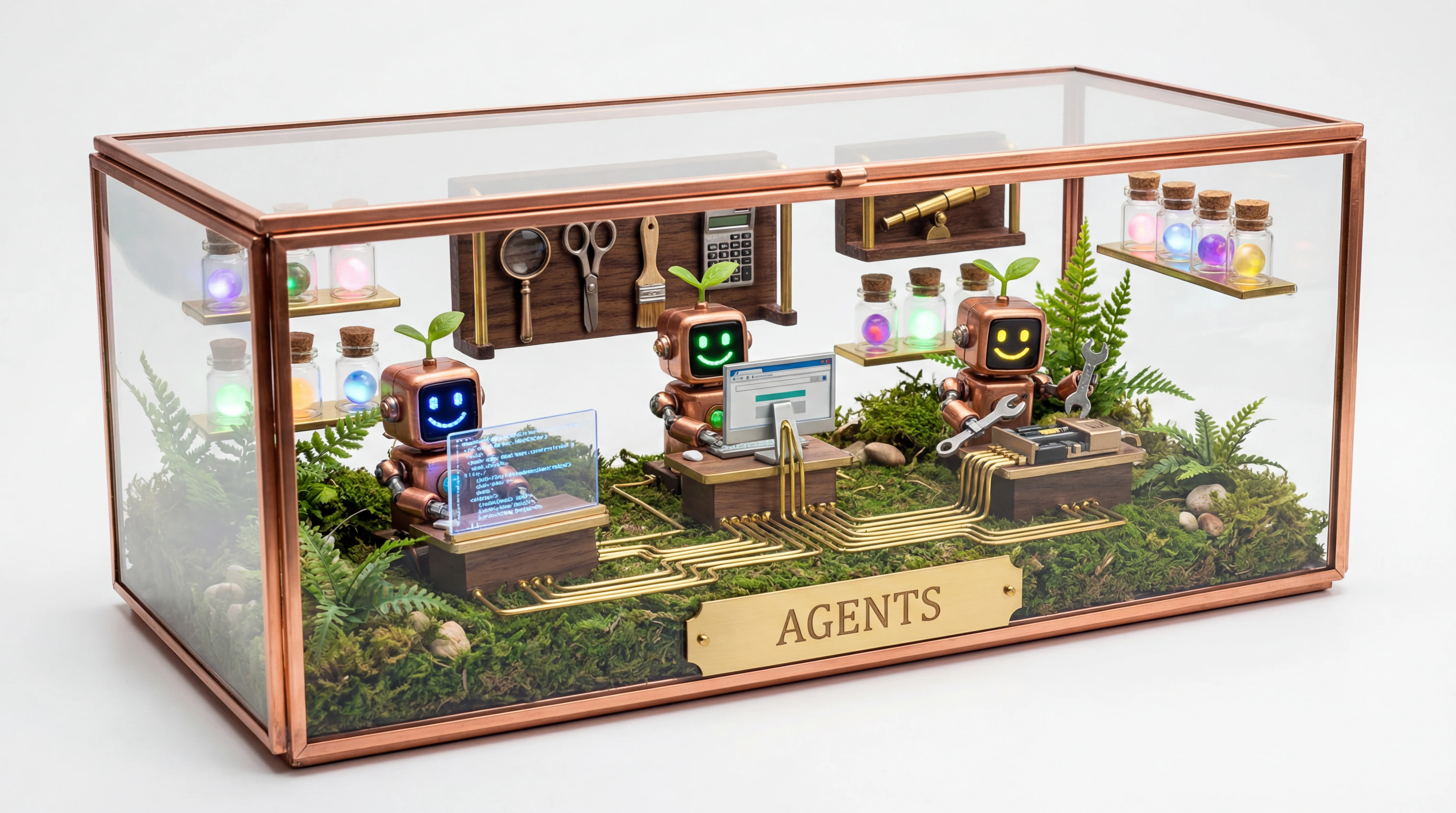 Friendly robots at workstations with tools, skills, and browser automation