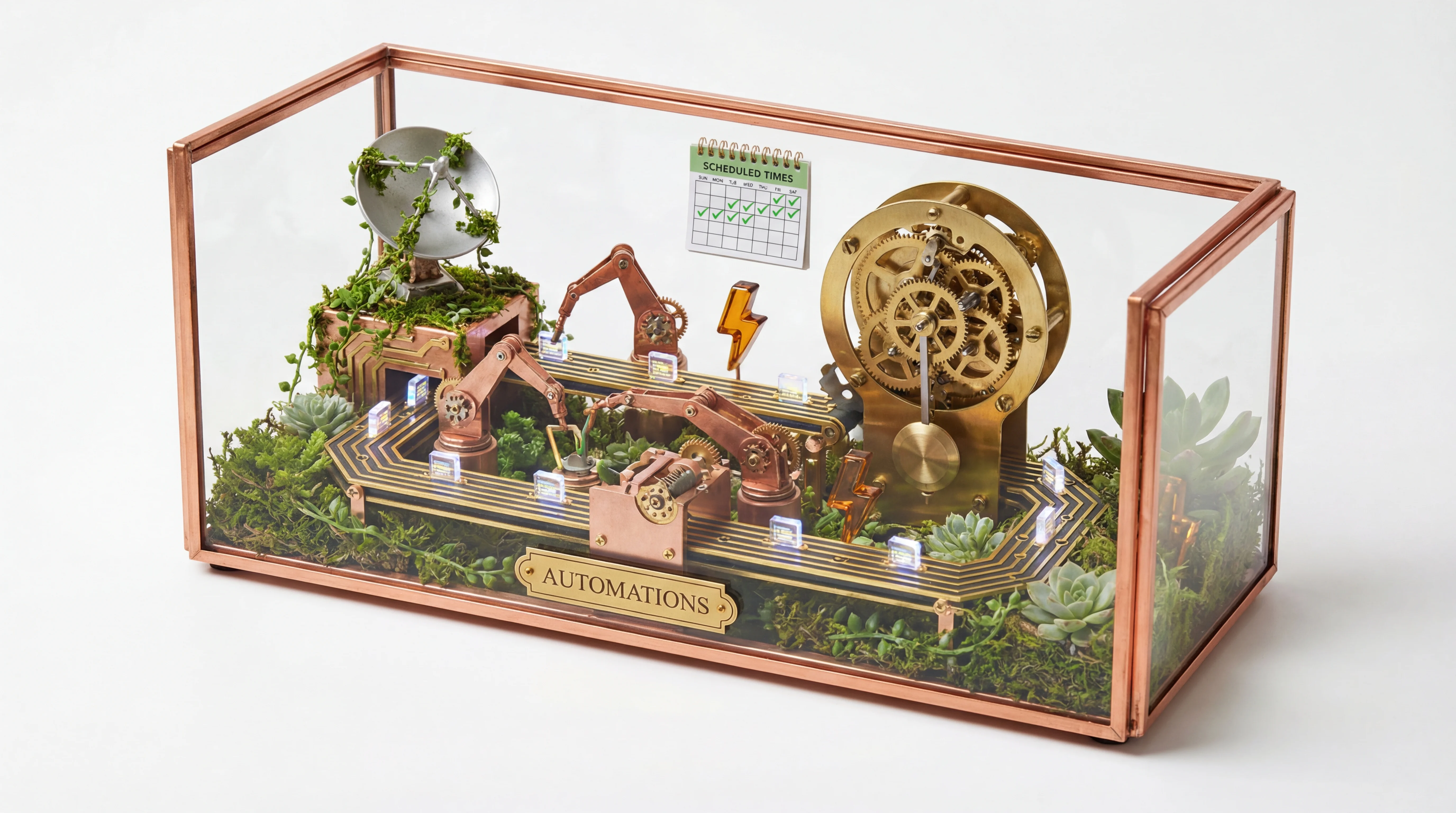 Automated factory with conveyor belts, clock mechanisms, and webhook triggers