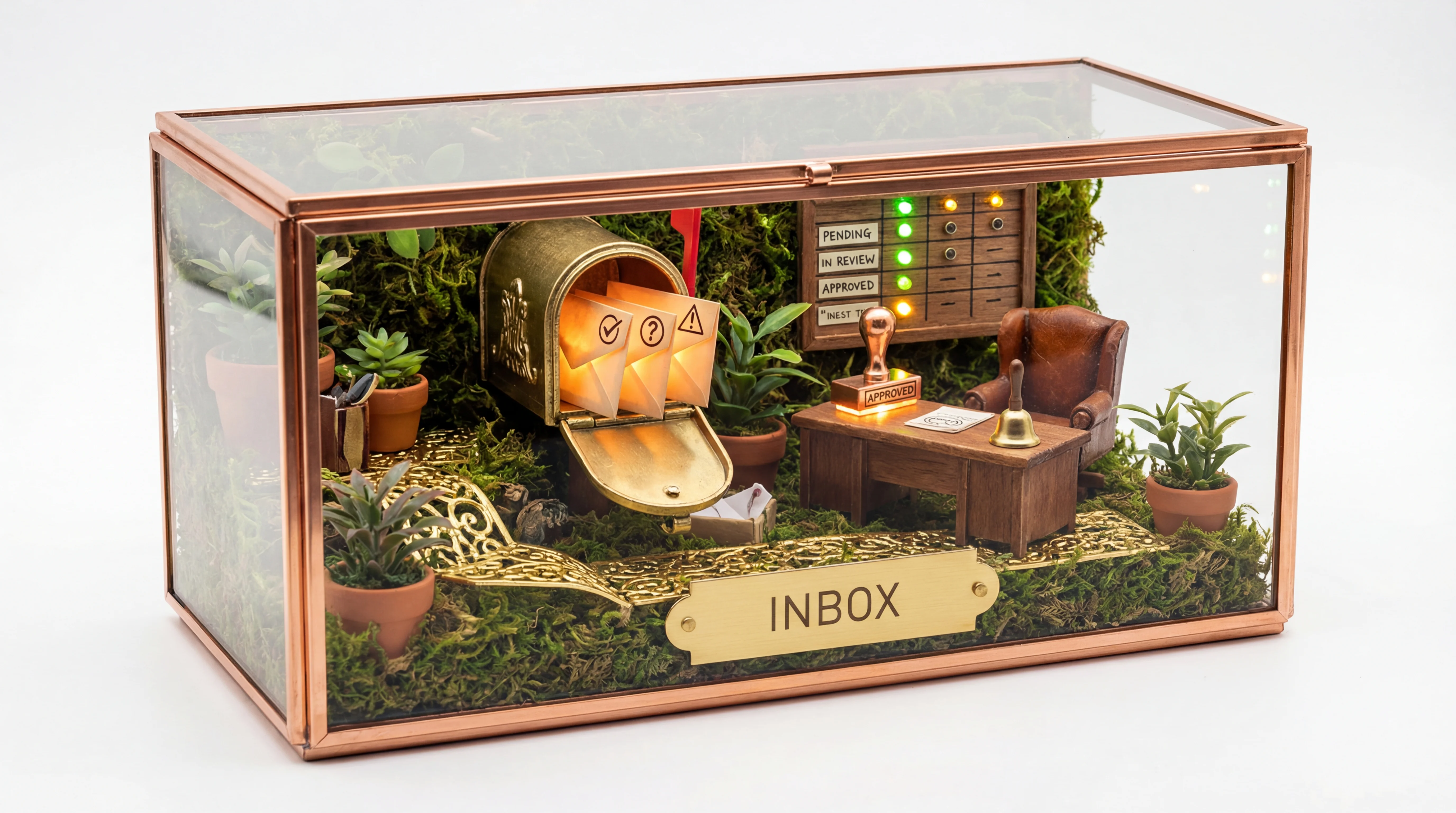 Command center with brass mailbox, glowing approval envelopes, and status board