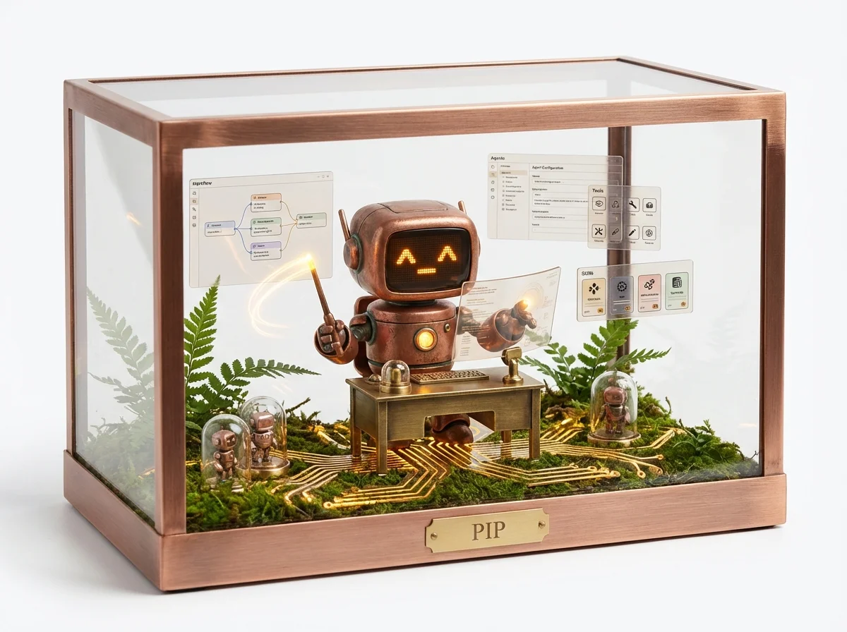 Pip, a friendly brass robot assistant at a control panel configuring other agents