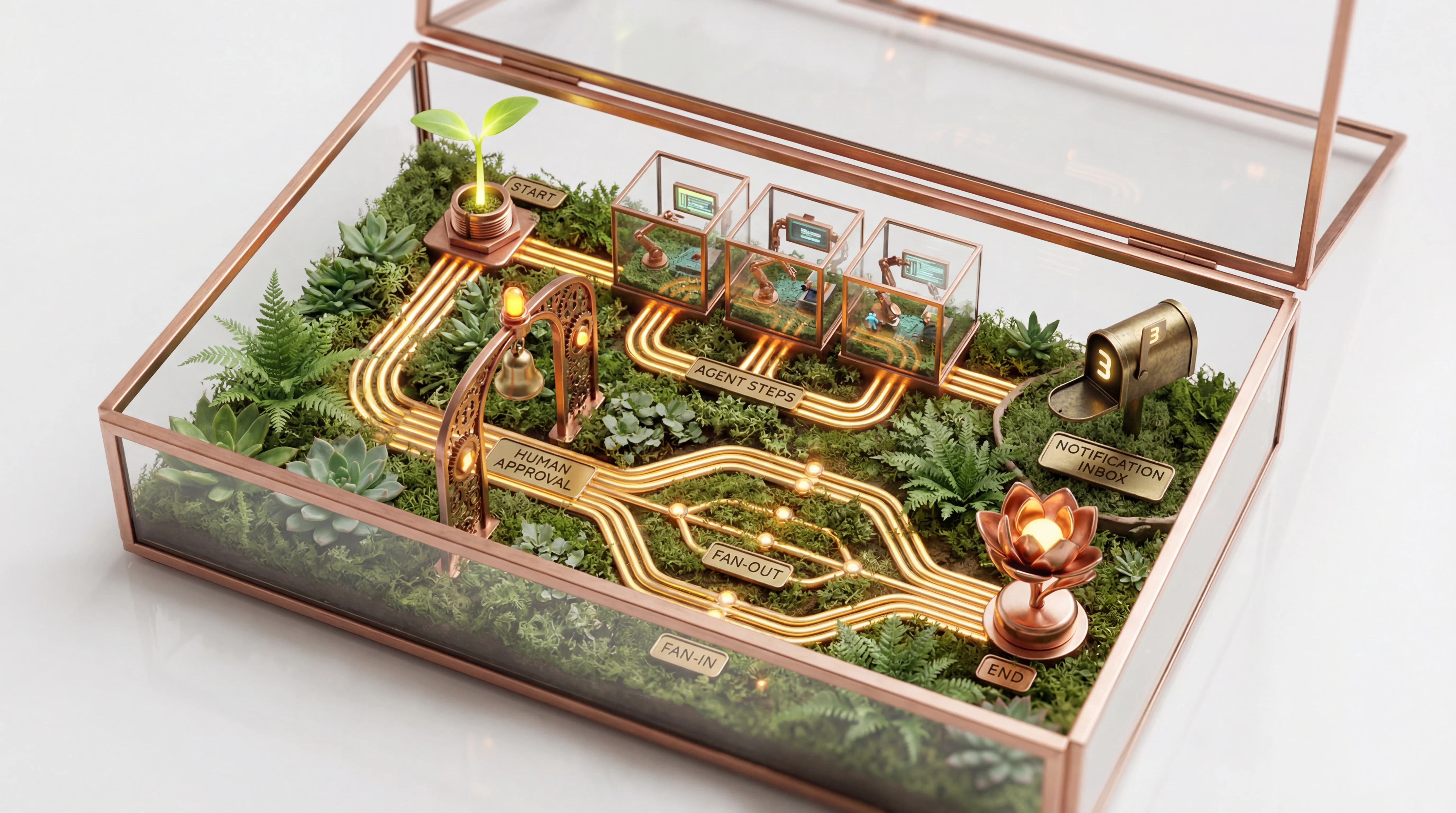 Visual workflow editor with agent steps, approval gates, and parallel execution paths