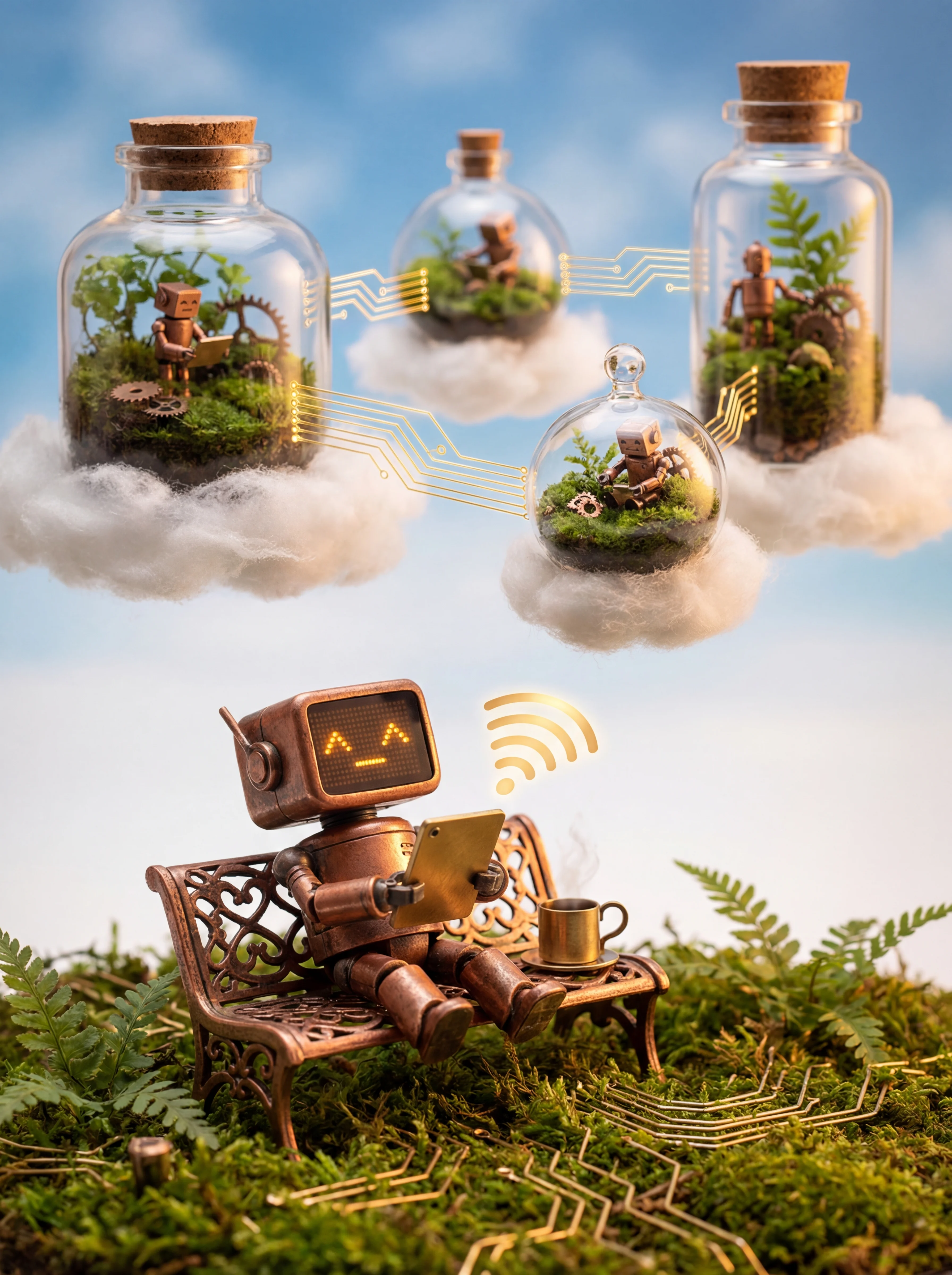 A relaxed copper robot on a bench with a tablet, controlling cloud terrariums floating above via wireless signal