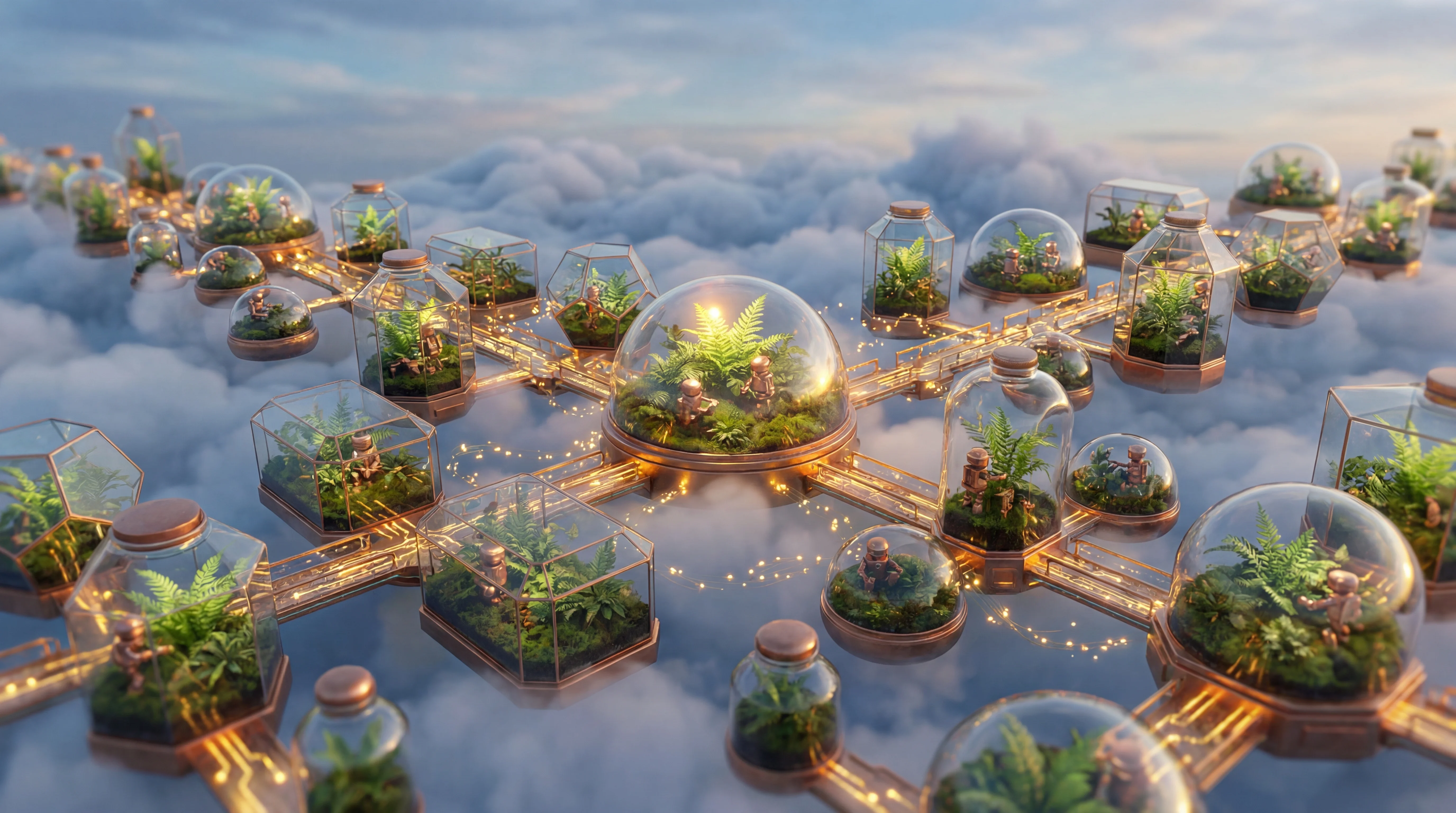 Interconnected glass terrariums floating on clouds, connected by golden circuit bridges, each hosting an autonomous AI agent