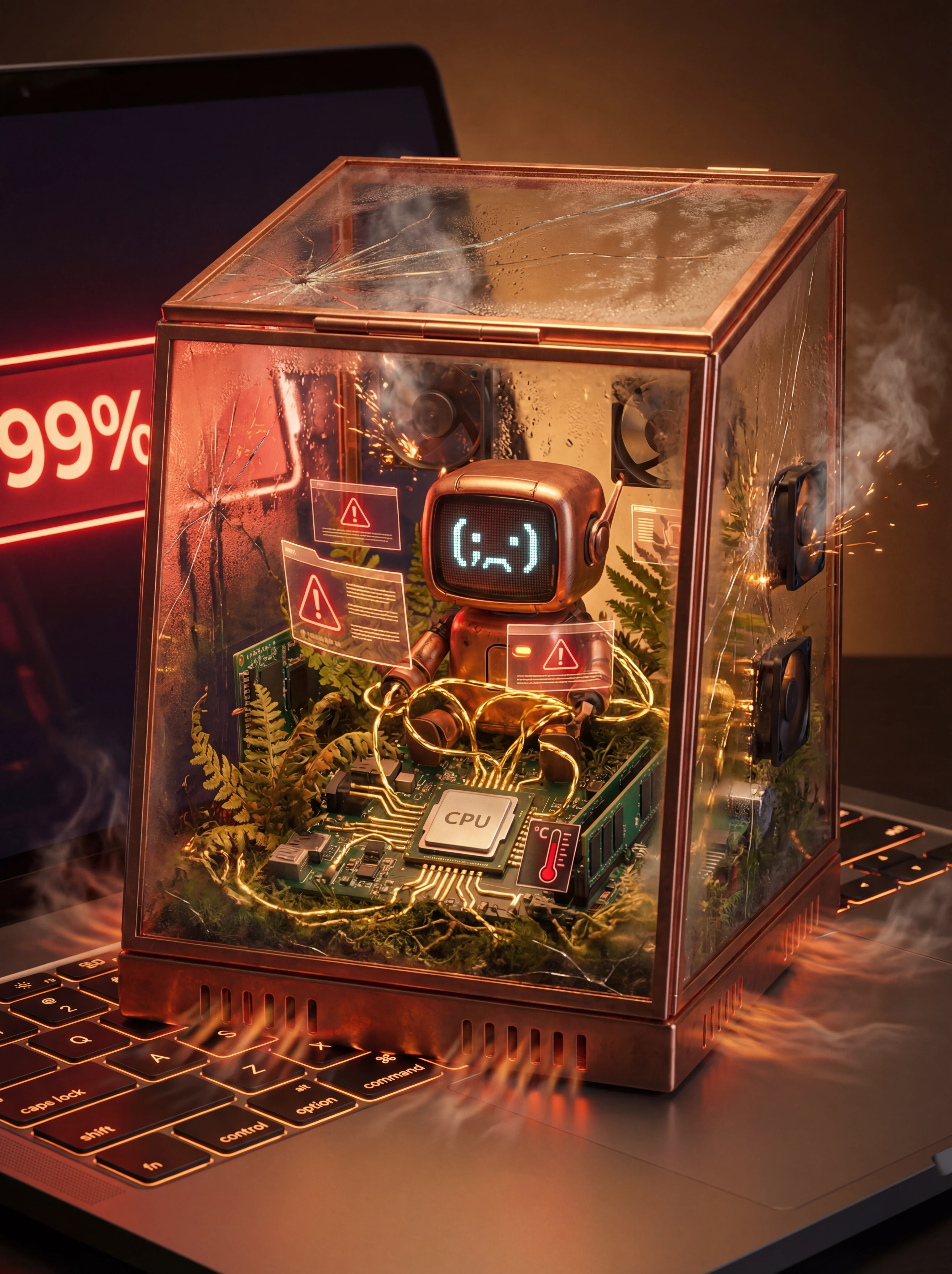 An overwhelmed robot tangled in wires inside a cramped, overloaded terrarium