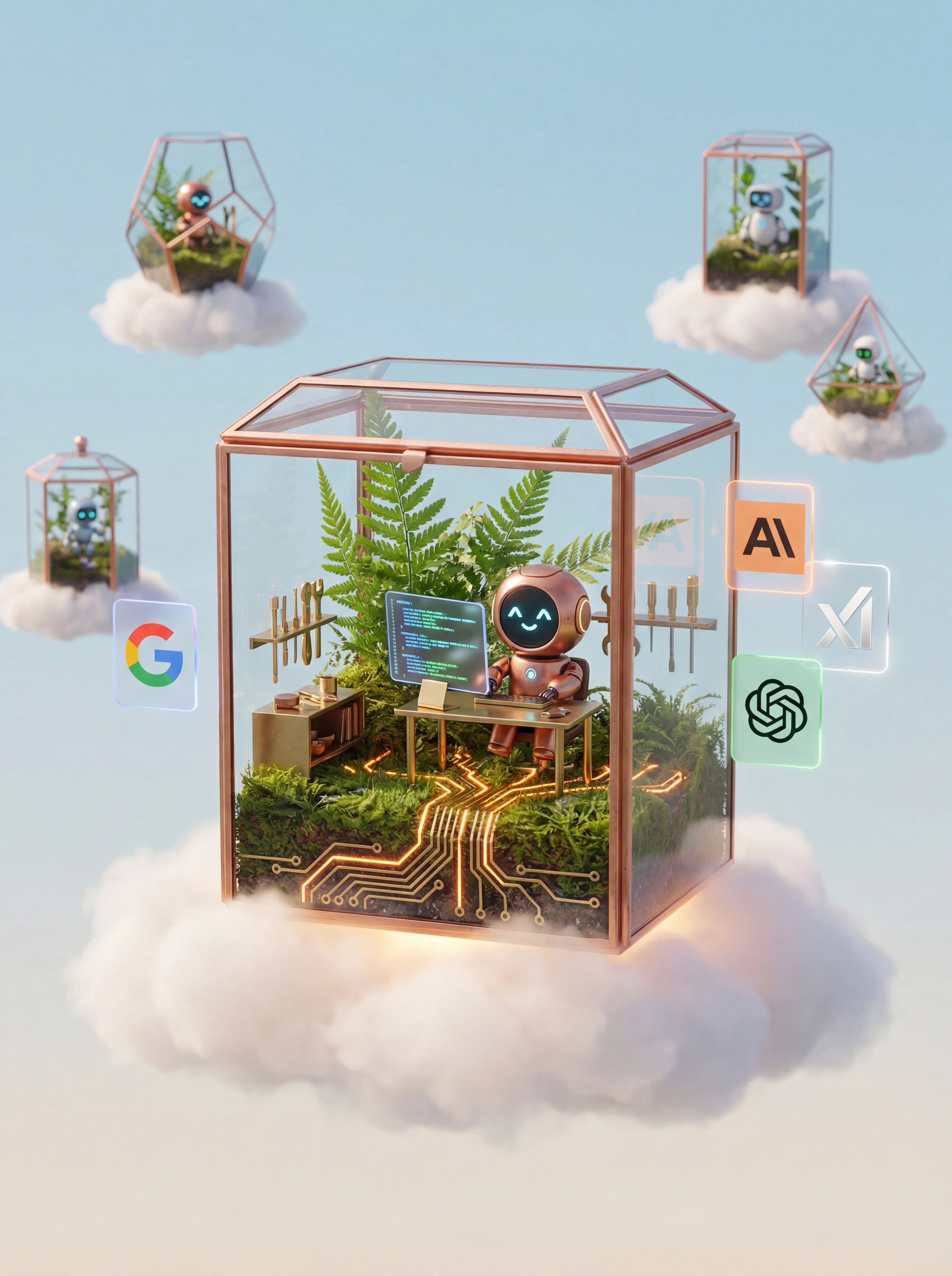 A calm robot in a healthy terrarium floating on clouds, surrounded by other cloud-hosted terrariums